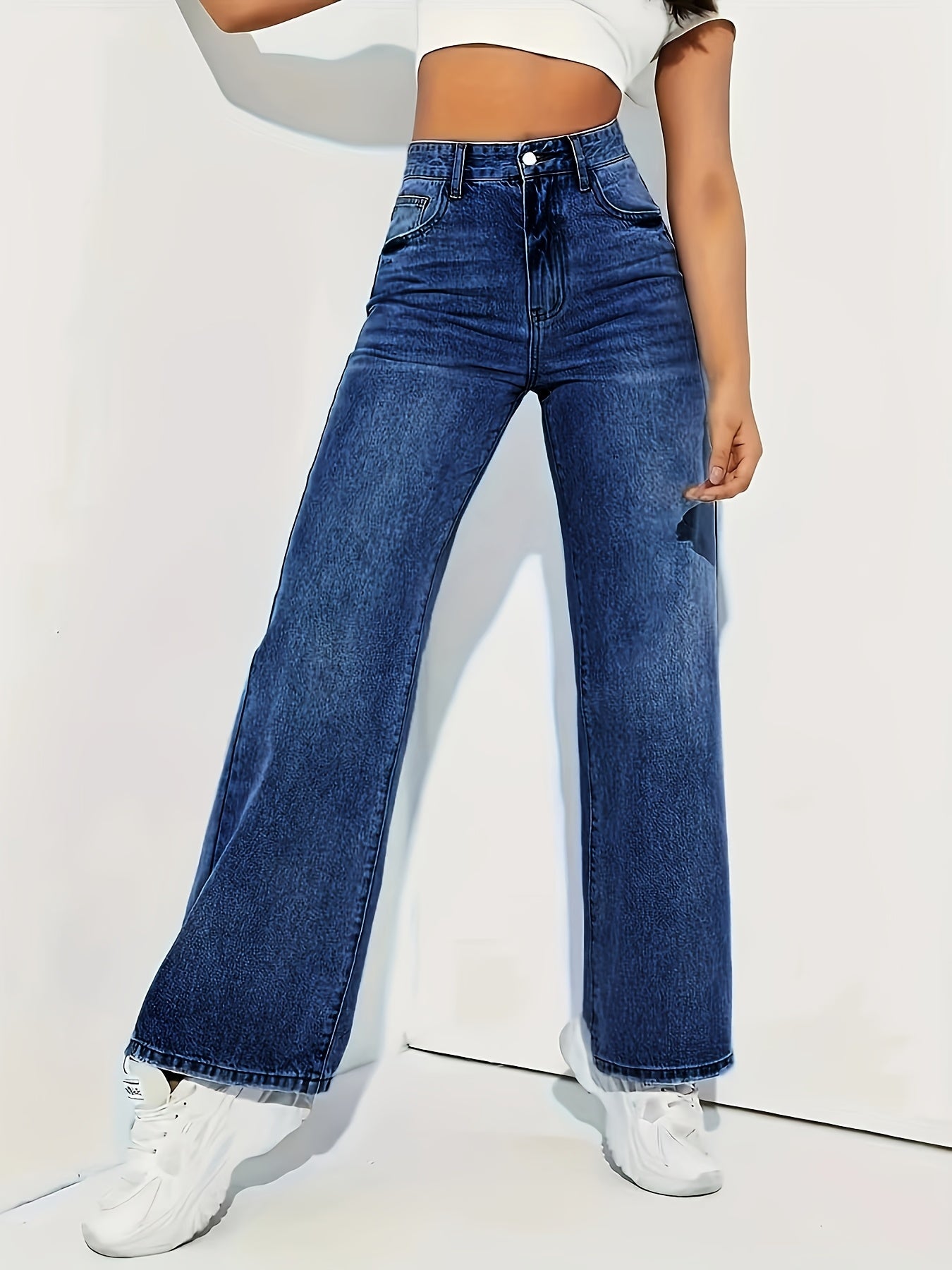Jeans Rectos Elásticos Elegantes para Mujer en Azul Claro - Cintura Media, Bolsillos Diagonales, Denim Cómodo