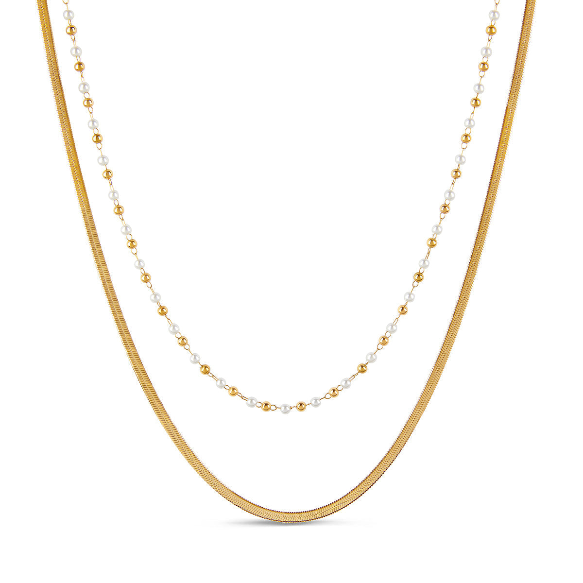 Collar Doble Capa con Cadena Serpiente y Perlas