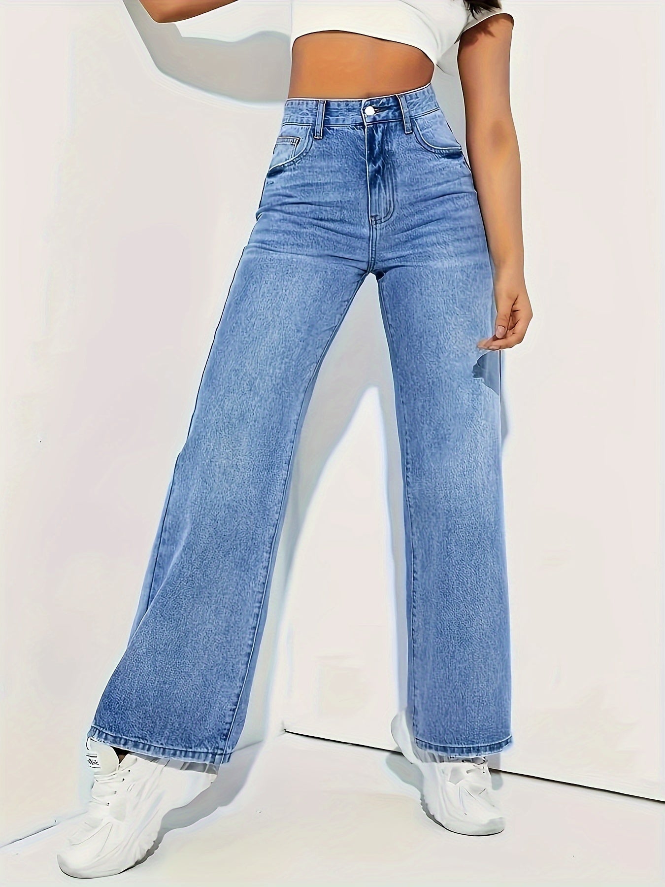Jeans Rectos Elásticos Elegantes para Mujer en Azul Claro - Cintura Media, Bolsillos Diagonales, Denim Cómodo