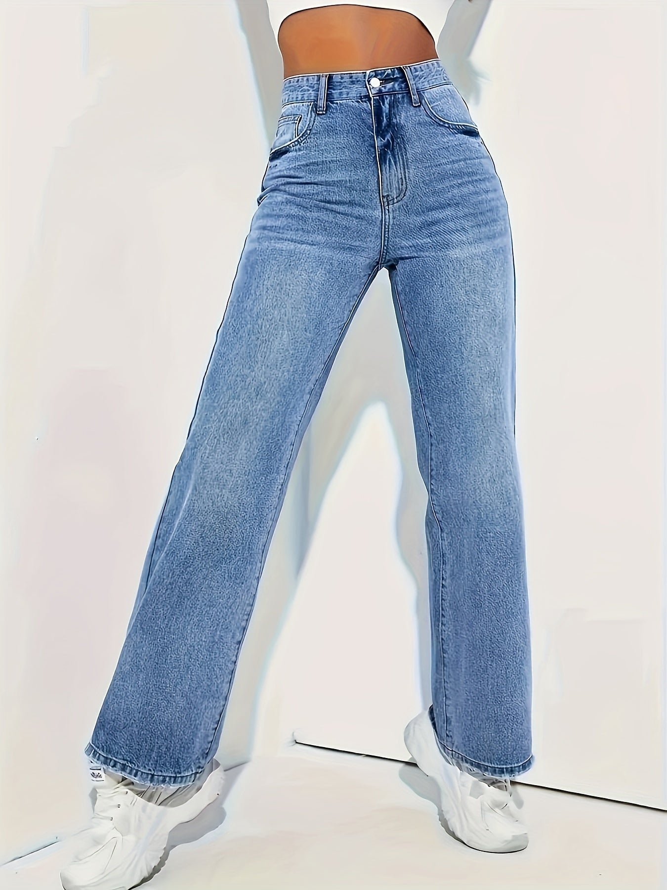 Jeans Rectos Elásticos Elegantes para Mujer en Azul Claro - Cintura Media, Bolsillos Diagonales, Denim Cómodo