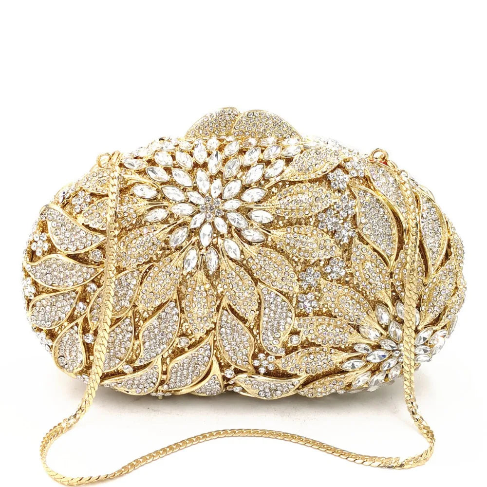 Bolsa Clutch con Hojas Doradas y Cristales