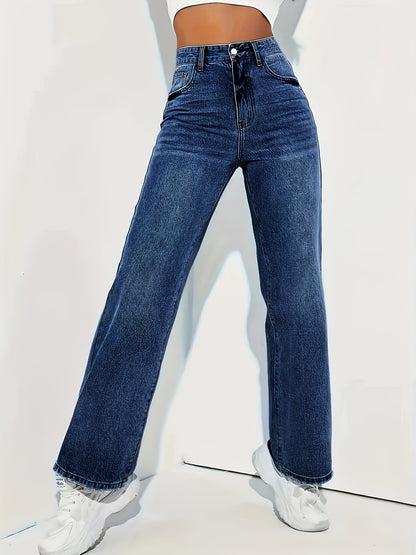 Jeans Rectos Elásticos Elegantes para Mujer en Azul Claro - Cintura Media, Bolsillos Diagonales, Denim Cómodo