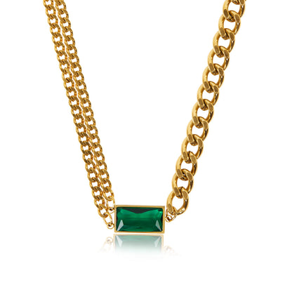 Collar Doble Cadena Cubana con Esmeralda