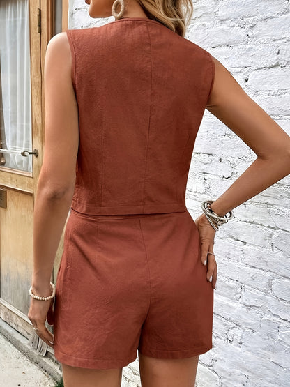 Conjunto de 2 Piezas con Top de Cuello en V y Pantalones Cortos