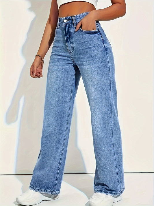 Jeans Rectos Elásticos Elegantes para Mujer en Azul Claro - Cintura Media, Bolsillos Diagonales, Denim Cómodo