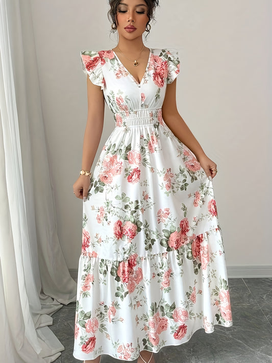 Vestido con Estampado Floral y Cuello en V