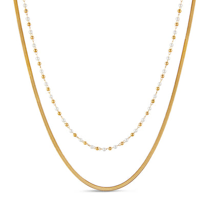 Collar Doble Capa con Cadena Serpiente y Perlas