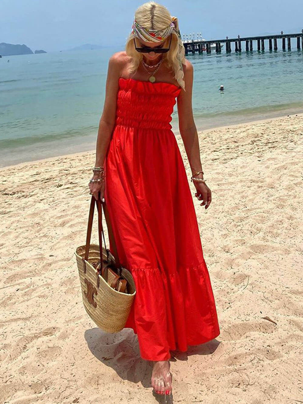 vestido largo off-shoulder