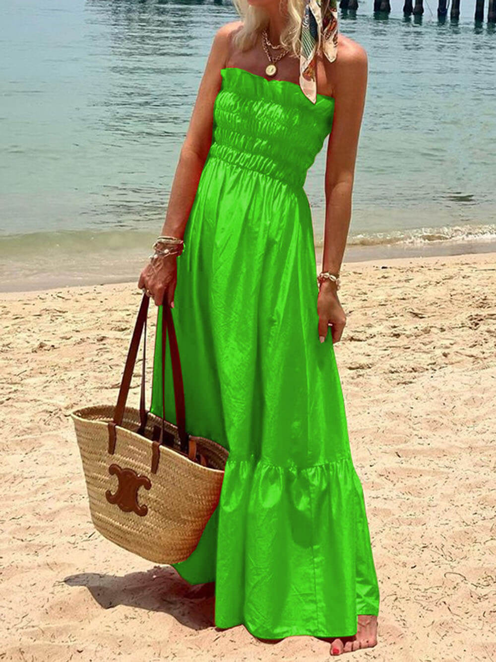 vestido largo off-shoulder