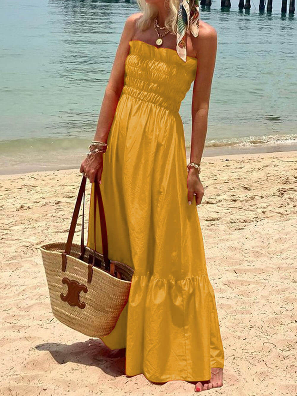 vestido largo off-shoulder