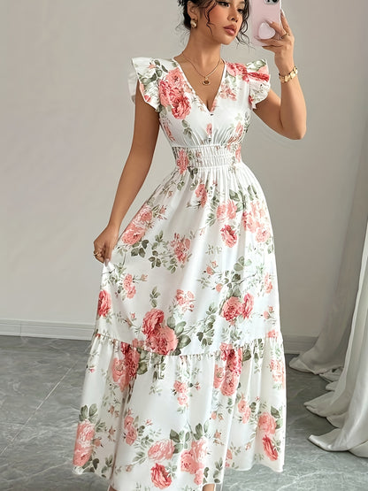 Vestido con Estampado Floral y Cuello en V