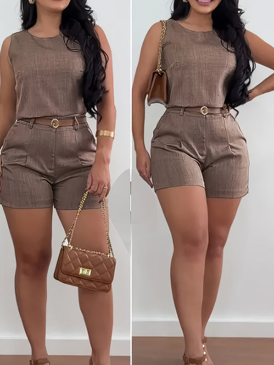 Conjunto Minimalista Marrón sin Mangas con Cinturón