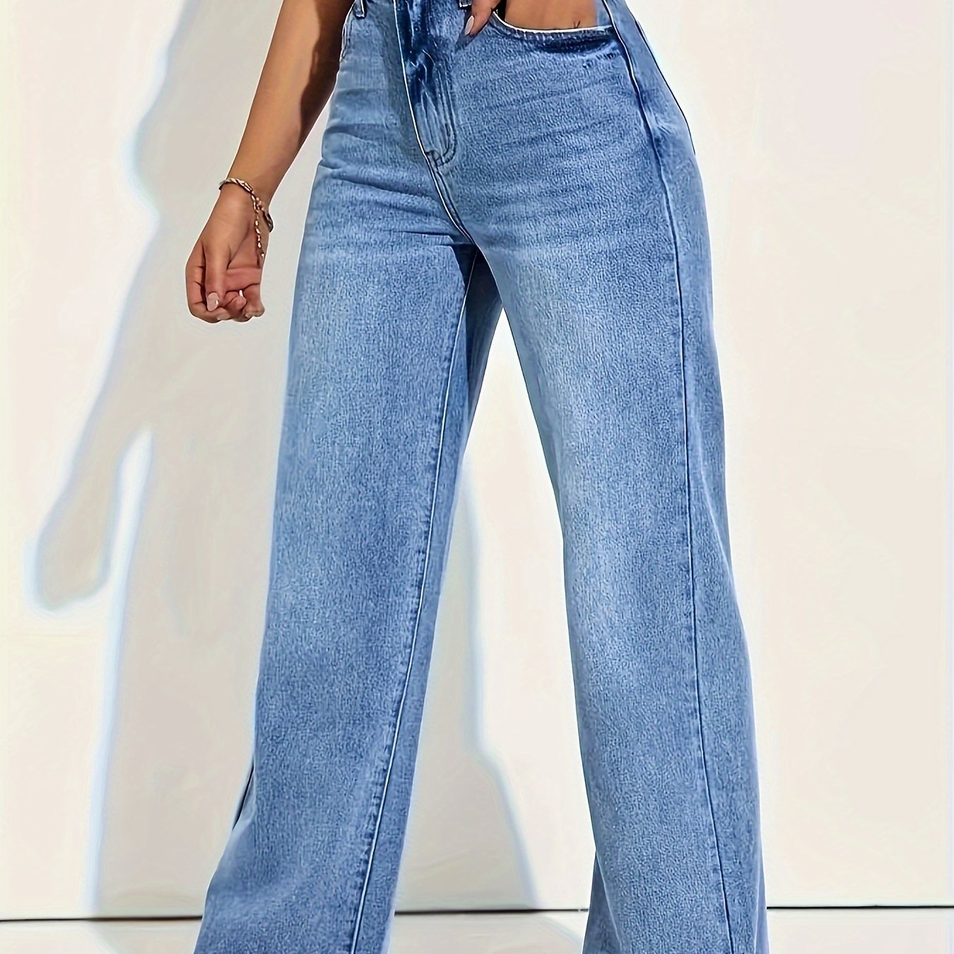 Jeans Rectos Elásticos Elegantes para Mujer en Azul Claro - Cintura Media, Bolsillos Diagonales, Denim Cómodo