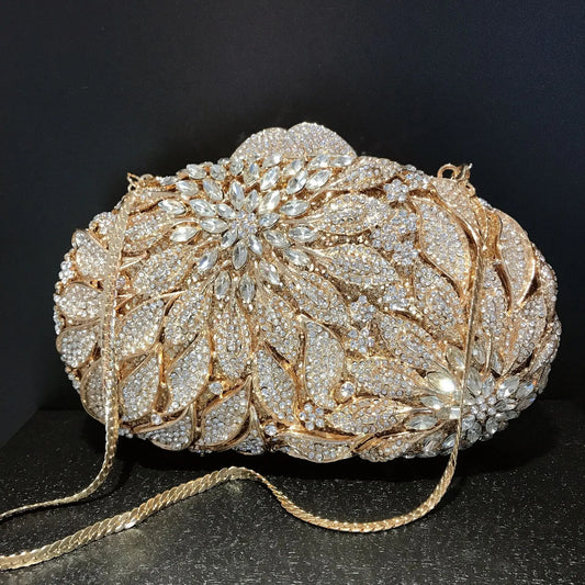 Bolsa Clutch con Hojas Doradas y Cristales