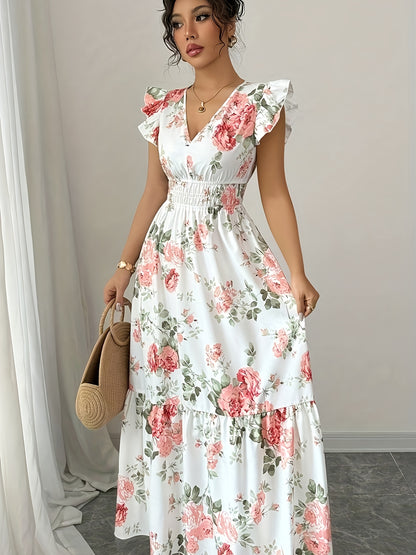 Vestido con Estampado Floral y Cuello en V